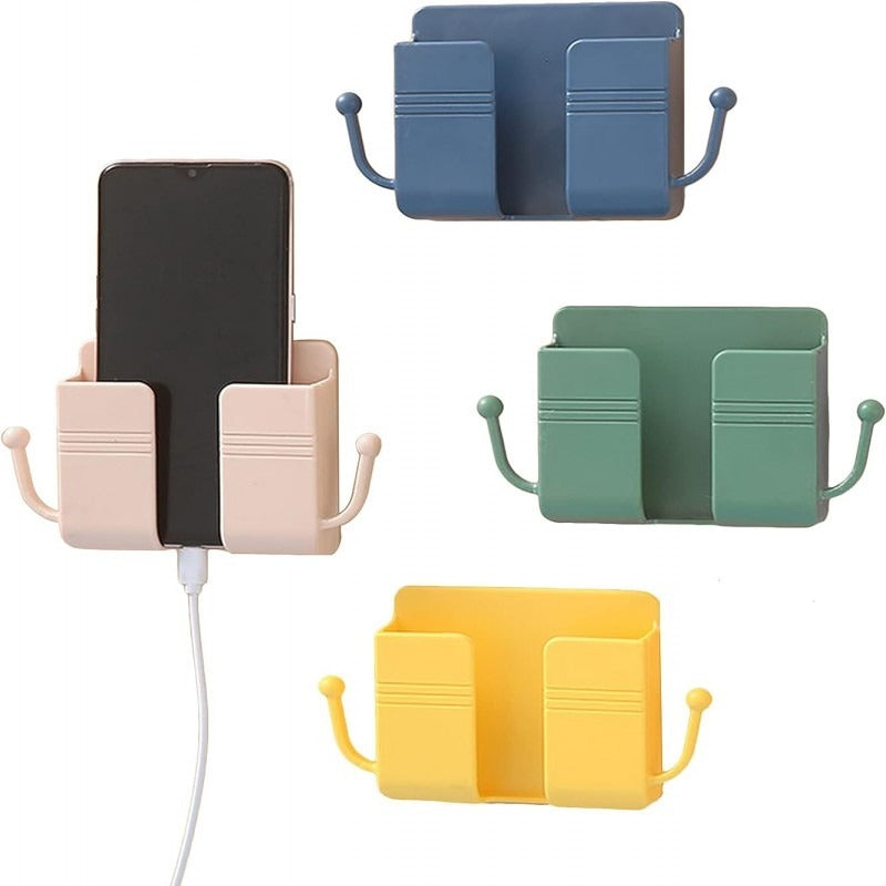 Wall Mount Phone Holder And Remote Control Stand With Hooks ( Random color )