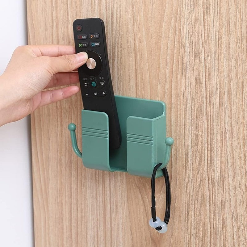Wall Mount Phone Holder And Remote Control Stand With Hooks ( Random color )