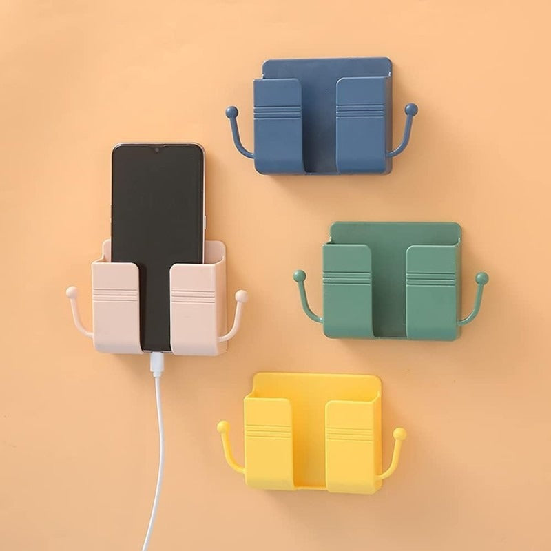 Wall Mount Phone Holder And Remote Control Stand With Hooks ( Random color )