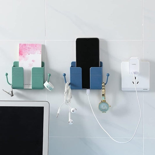 Wall Mount Phone Holder And Remote Control Stand With Hooks ( Random color )